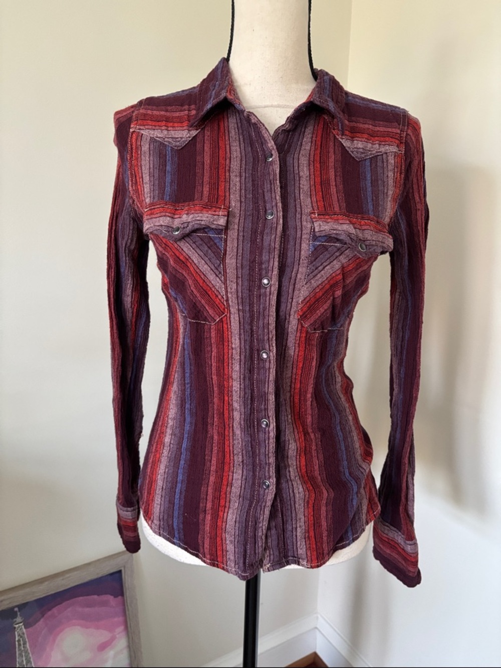 Free People Striped Button-Front Shirt in Red and Purple Tones